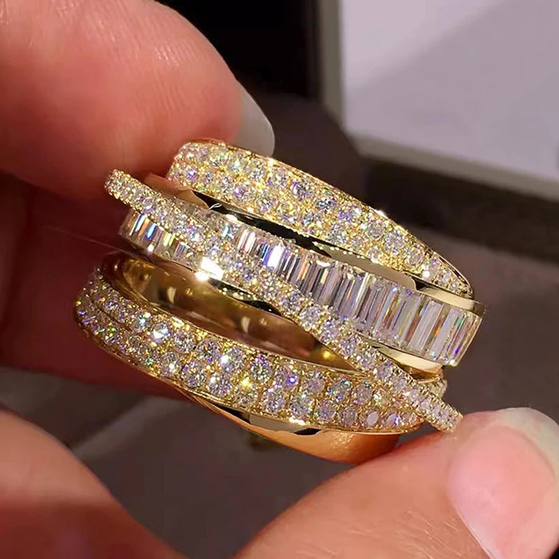 Gold Color Rings Gorgeous Women Wedding Accessories Full Sparkling Cubic Zirconia Party Luxury Trendy Jewelry