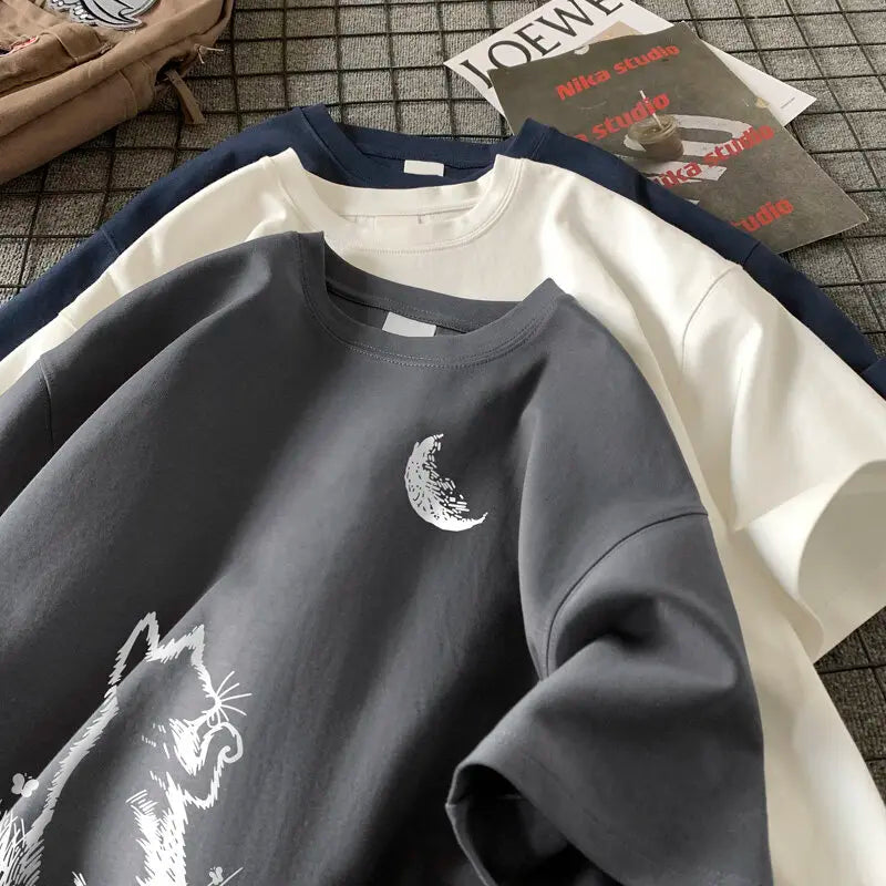 Men's T-shirts Oversized White Big Size 5XL Cotton T Shirt for Men Casual Summer Wear Cat Moon Print Tee Shirts Men Clothing