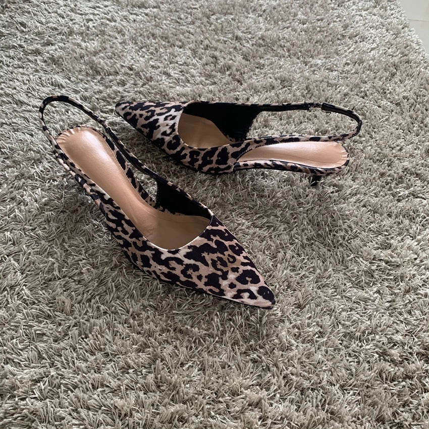 Woman Leopard Print High Heels Women Sandals Summer Fashion Pointed Toe Low-heel Pumps Slingbacks Elegant Female Heeled Shoes