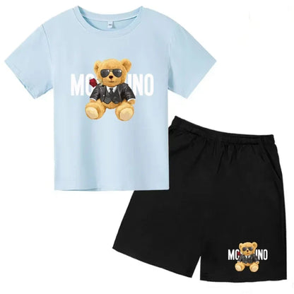 Boys Girls Summer Casual 2Pcs Set Lovely Bear Letter Print T-shirt & Shorts Comfortable Sports Running Suit
