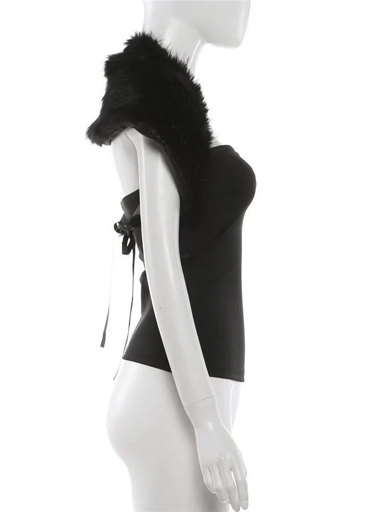 Trend Classic 2-Piece Set Women Sexy Furry Shawl+Sleeveless Tank Top Fashion Party Club Stretch Skinny Activi Outfits
