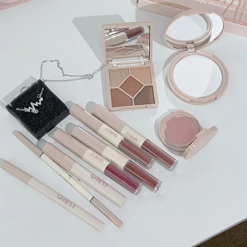 Multipurpose Makeup Set 4pc Double Head Lip Glaze, Face Pressed Powder,Blusher,Eyeshadow, Eyebrow Pencil,Eyeliner,Lip Oil