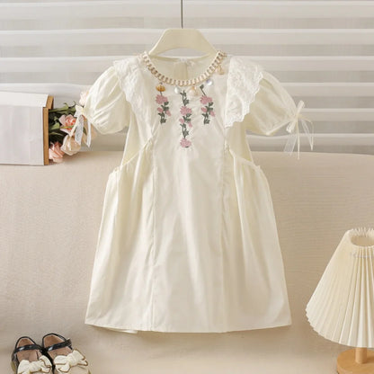 Sweet and Cute Girl Casual Round Neck Flower Embroidery Bubble Sleeve Princess Dress Birthday Party Summer New