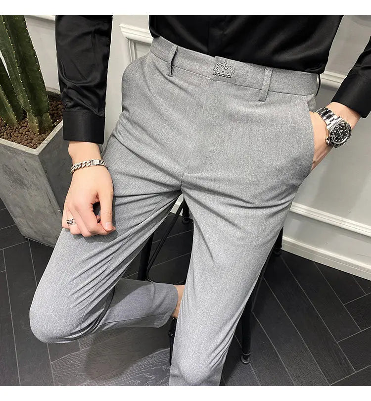 Men's Slim Fit Chino Pants with Embroidered Design - Classic Korean Style Casual Trousers for Daily Wear 28-42