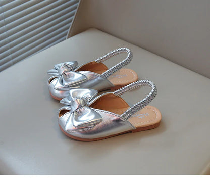 Summer Girl’s Sandals Peep Toe Elastic Band Sliver Beige Kids Sliders Bowknot Graceful Flexiable Trendy Children Shoes Flat