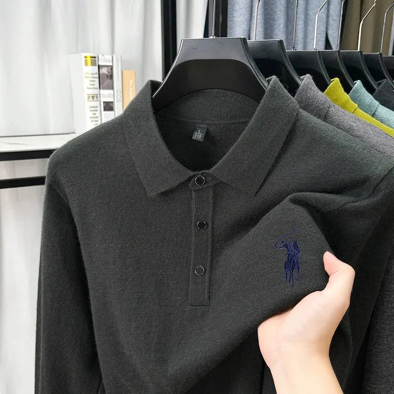 High quality luxury knitted long sleeve T-shirt men's autumn new designer brand Pony embroidery fashion Paul classic polo shirt