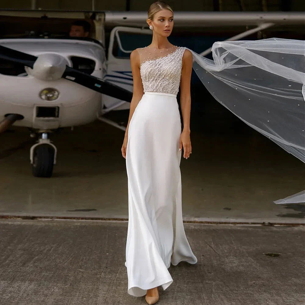 Bright Chiffon Women Wedding Dresses Lace Printing Bridal Gowns Sexy Sleeveless Vestidos Elegante Blanco Novia Civil Customized