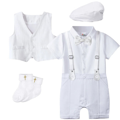 Baby Boys Baptism Outfit Infant Wedding Gentleman Set Christening Formal Birthday Party Suit Suspender Bow Tie Romper
