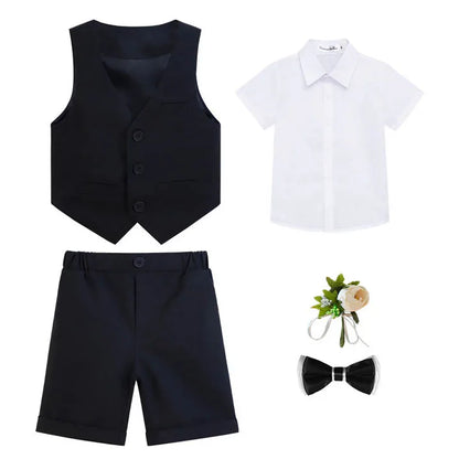 Children Boy Summer Cool Green Suit Kids Boys Vest Shirt Shorts Bowtie Ceremony Costume Formal Boys Breathable Slim Wedding Suit