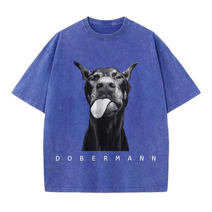 Camisetas femininas de algodão lavadas, moda criativa, estampa de Doberman, manga curta, gola redonda, folgadas, estilo destroyed, roupas femininas de rua