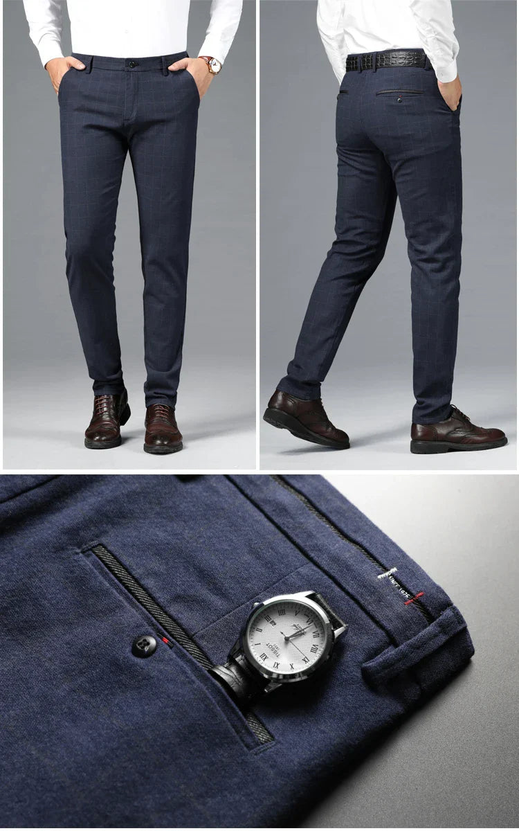 Spring Summer Business Men's Casual Pants Fashion Grid Design Versatile Comfortable Slim Straight Legs Elastic Male Trousers