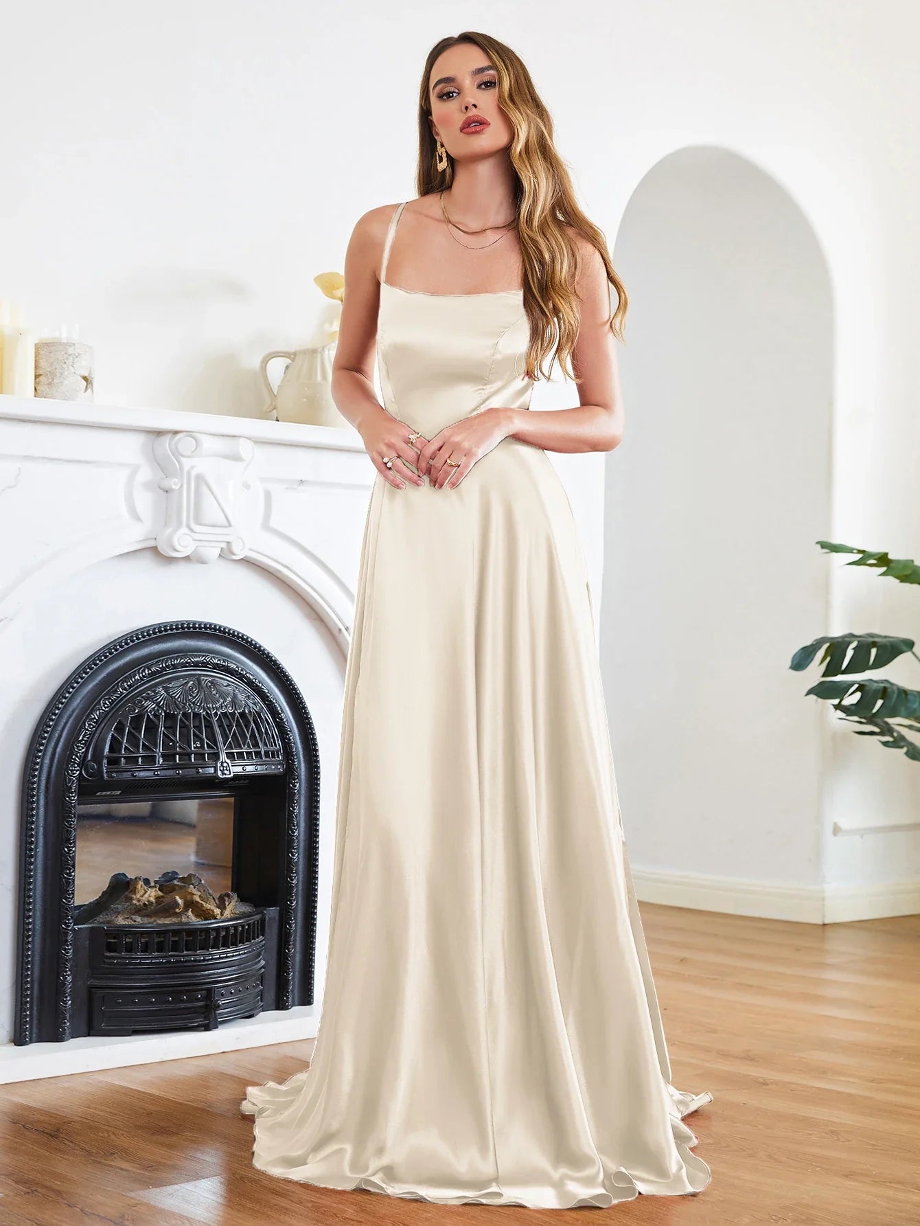 Women Sexy Prom Dresses Lace-Up Spaghetti Straps Backless Sling Evening Dress Satin A-Line High Split Maxi Train Party Gowns