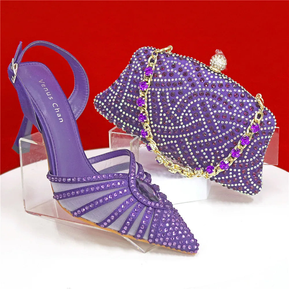 Elegant Fruit Green Women's Heels and Rhinestone Handbag Set - Italian Design for Weddings and Parties