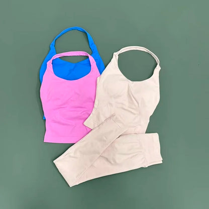 2 Piece Active Set Women Open Back Halter Top Peach Butt Lifting Leggings Seamless Soft Stretchy Gym Yoga Fitness Outfits