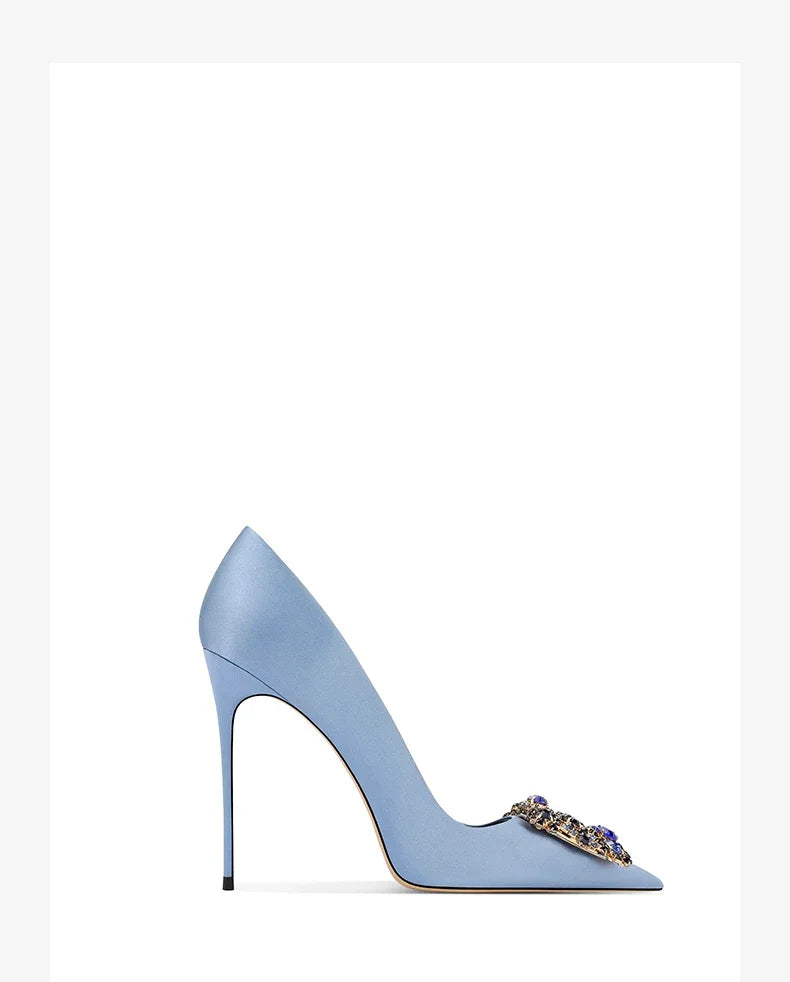 2026 Spring and Autumn New Women's Blue High Heels Pointed Thin Heel Rhinestone Square Buckle Dress Fashion Women's Shoes