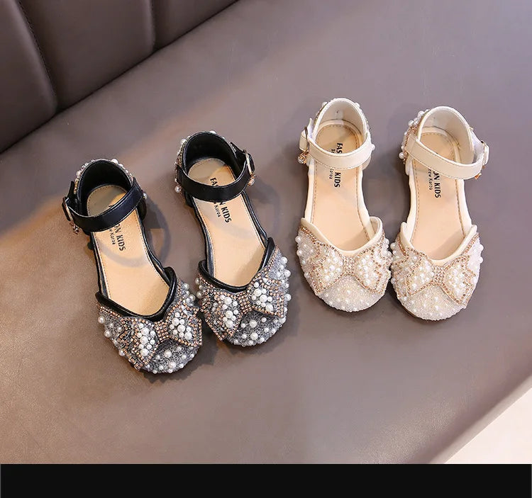 2025 New Summer Style Fashionable Comfortable Casual and Elegant Flat Bow Toe-toe Beaded Wear-resistant Girls' Leather Shoes