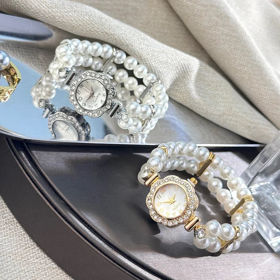 New Elegant Pearl Diamond-Encrusted Elastic Band Watch Vintage Luxury Bracelet Style Convenient for Ladies Quartz Wristwatch