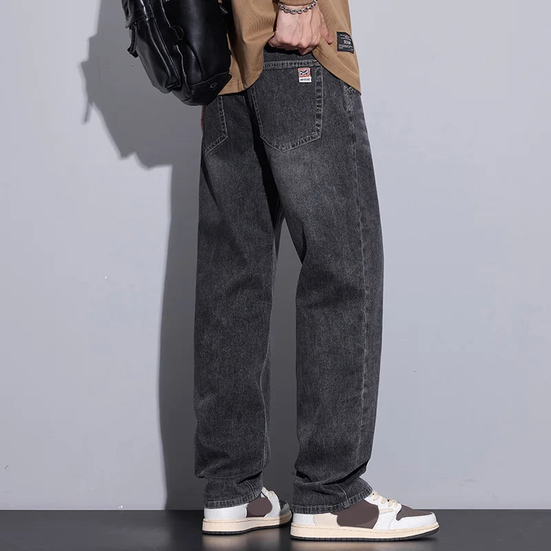 New Men's Micro Elastic Wide Leg Jeans American Retro Versatile Loose Fit Long Pants for All Seasons