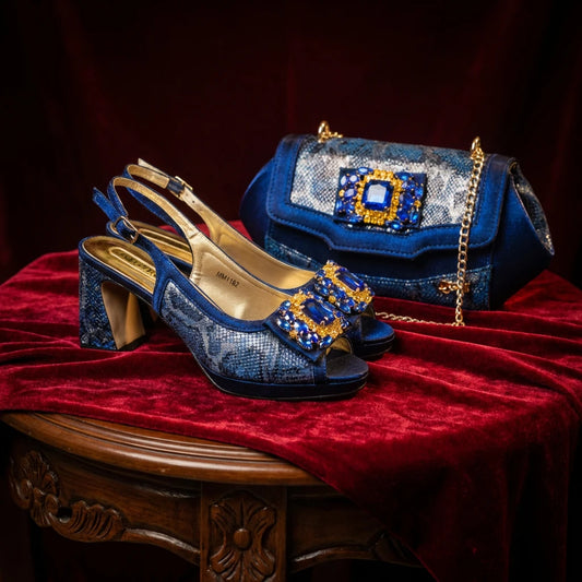 Italian Luxury Rhinestone Taro Royal Blue Open Toe High Heel Shoe And Bag Set for Women - Perfect for Parties Wedding