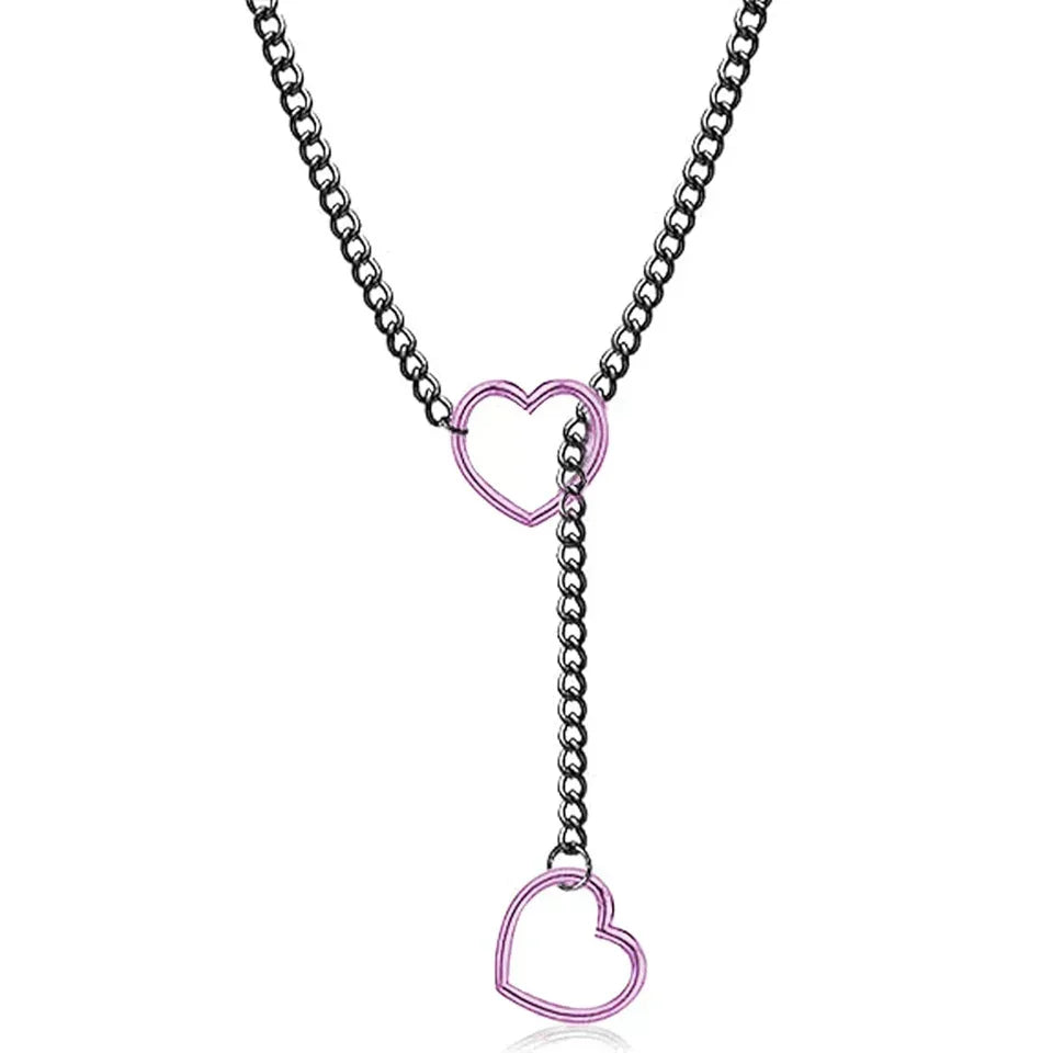 Adjustable Stainless Steel Cuban Link Necklace Hollow Heart Y-Shaped Necklace Punk Rock Style Party Accessories