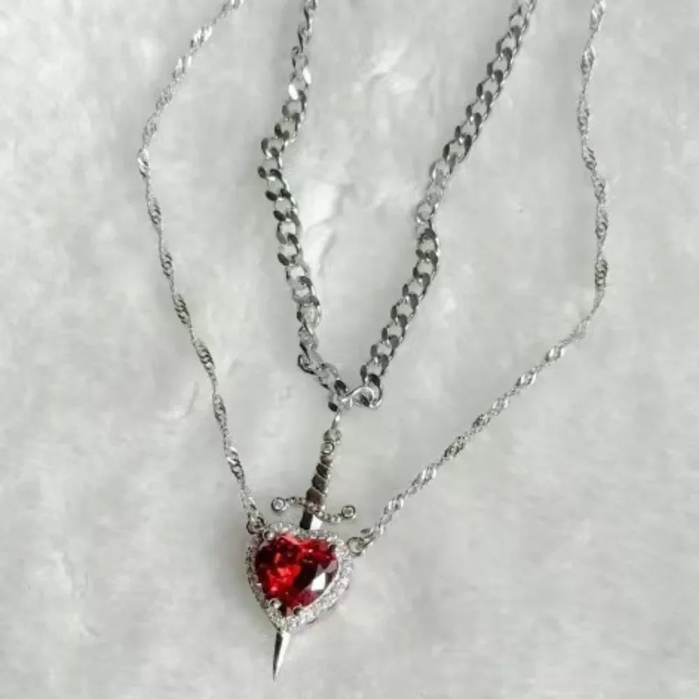 Couple Necklace Heart and Sword Pendant Necklace for Women Gothic Punk Romantic Valentine Day Jewelry Gifts Accessories