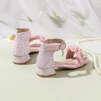 2026 Summer Kids Elegant Sandals New Sequins Girls Catwalk Shoes for Wedding Party Fashion Flower Children's Princess High Heels