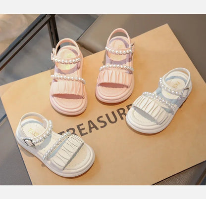 Girls Sandals Pleated Ins Trendy Kids Princess Shoes Beads Sweet Soft Sole 2025 Summer New Children Beach Shoes Open Toes Cute