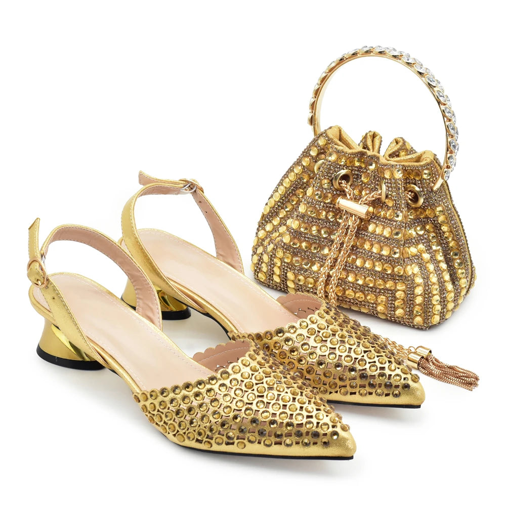 Fashion Italian Shoes with Matching Bags Set with Rhinestone African Shoes for Women Mid Heels Party Pumps Plus Size Heels 43