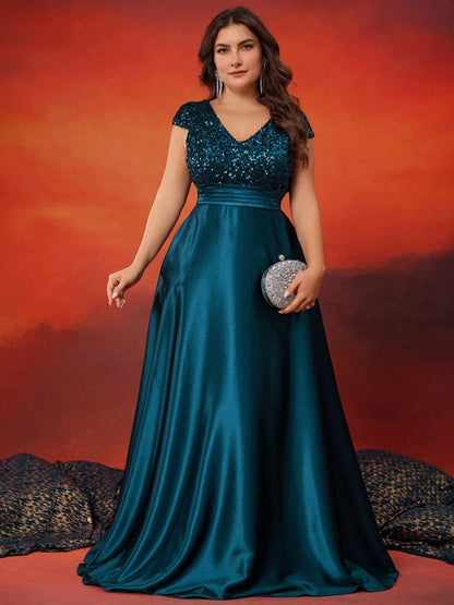 Plus Size Elegant V-Neck Green Sequin Evening Dress Long Luxury Women Satin Short Sleeves Party Prom Cocktail  Dress