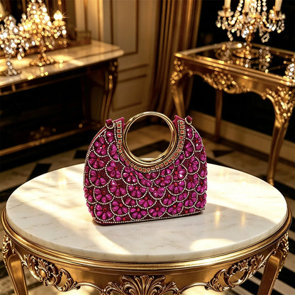 2026 INS Italian Design Elegant Fuchsia Rhinestone Pointed Toe High Heels with Matching Handbag Set - Perfect for Weddings