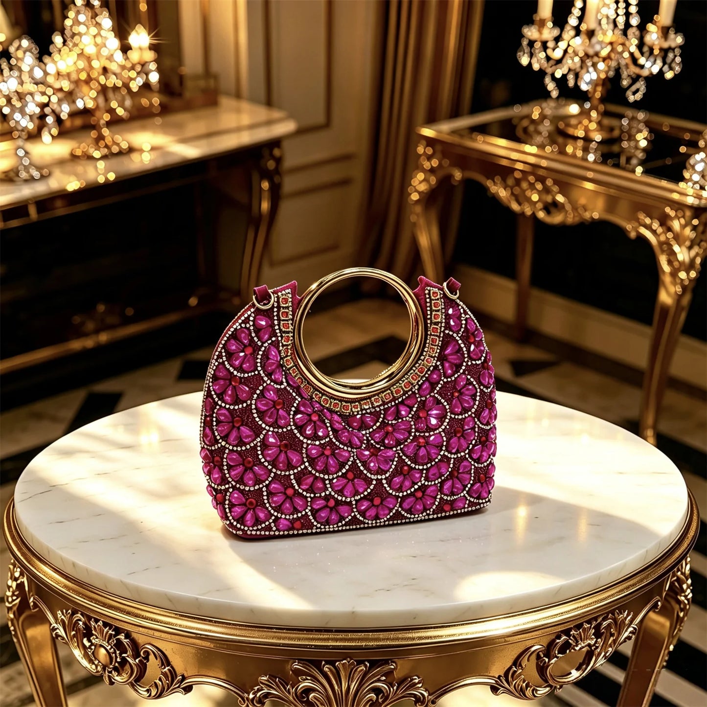 2026 INS Italian Design Elegant Fuchsia Rhinestone Pointed Toe High Heels with Matching Handbag Set - Perfect for Weddings