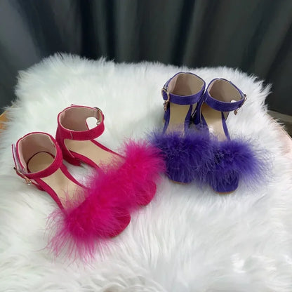New Girls Low-heels Sandals Summer Fluffy Kids Princess Catwalk Shoes Open-toe Versatile Children Fashion Wedding Party Sandals