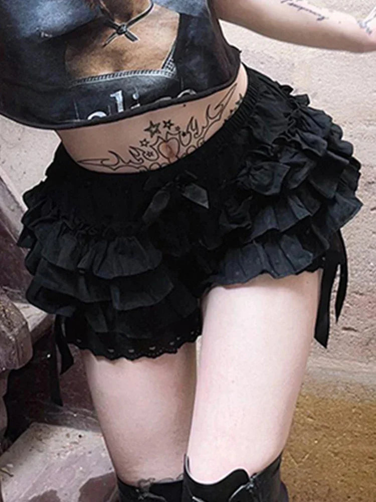 Mall Goth Lolita Lace Shorts Women Aesthetic Cute Sweet Bow Patchwork Shorts Y2k E-girl Emo Alternative Kawaii Outfits