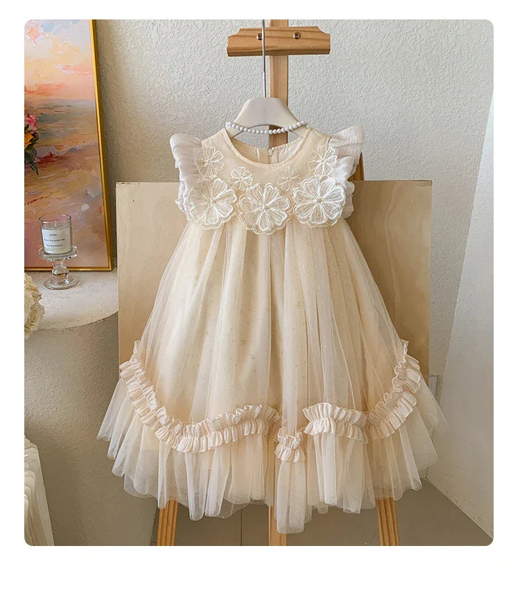 2025 Summer Dress for Girls with Flying Sleeves, Three-dimensional Flower Mesh Korean Version, Birthday Princess Fluffy Skirt