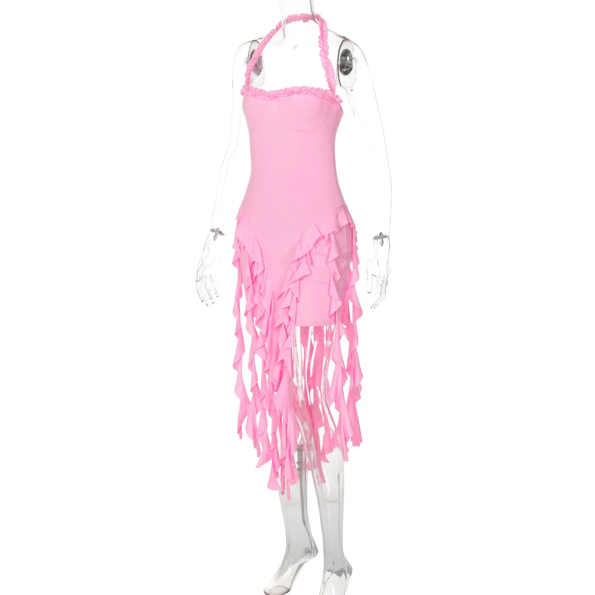 Elegant Halter Solid Ruffles Backless Taseel Sexy Slim Mini Dress Spring Women Cute Outfits Birthday Party Vacation