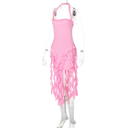 Elegant Halter Solid Ruffles Backless Taseel Sexy Slim Mini Dress Spring Women Cute Outfits Birthday Party Vacation