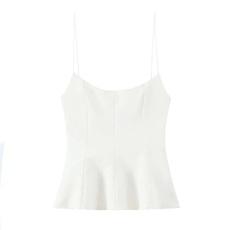 Women Fashion Solid Pleated Backless Side Zipper Tops Vintage Thin Straps Square Collar Female Chic Lady Camis