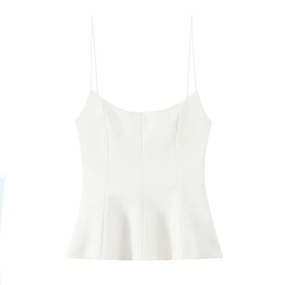 Women Fashion Solid Pleated Backless Side Zipper Tops Vintage Thin Straps Square Collar Female Chic Lady Camis