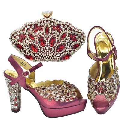 New Arrival Italian Party Shoes and Bag Set Decorated with Rhinestone African Women Wedding Shoes Bride Plus Size Women Shoes 43
