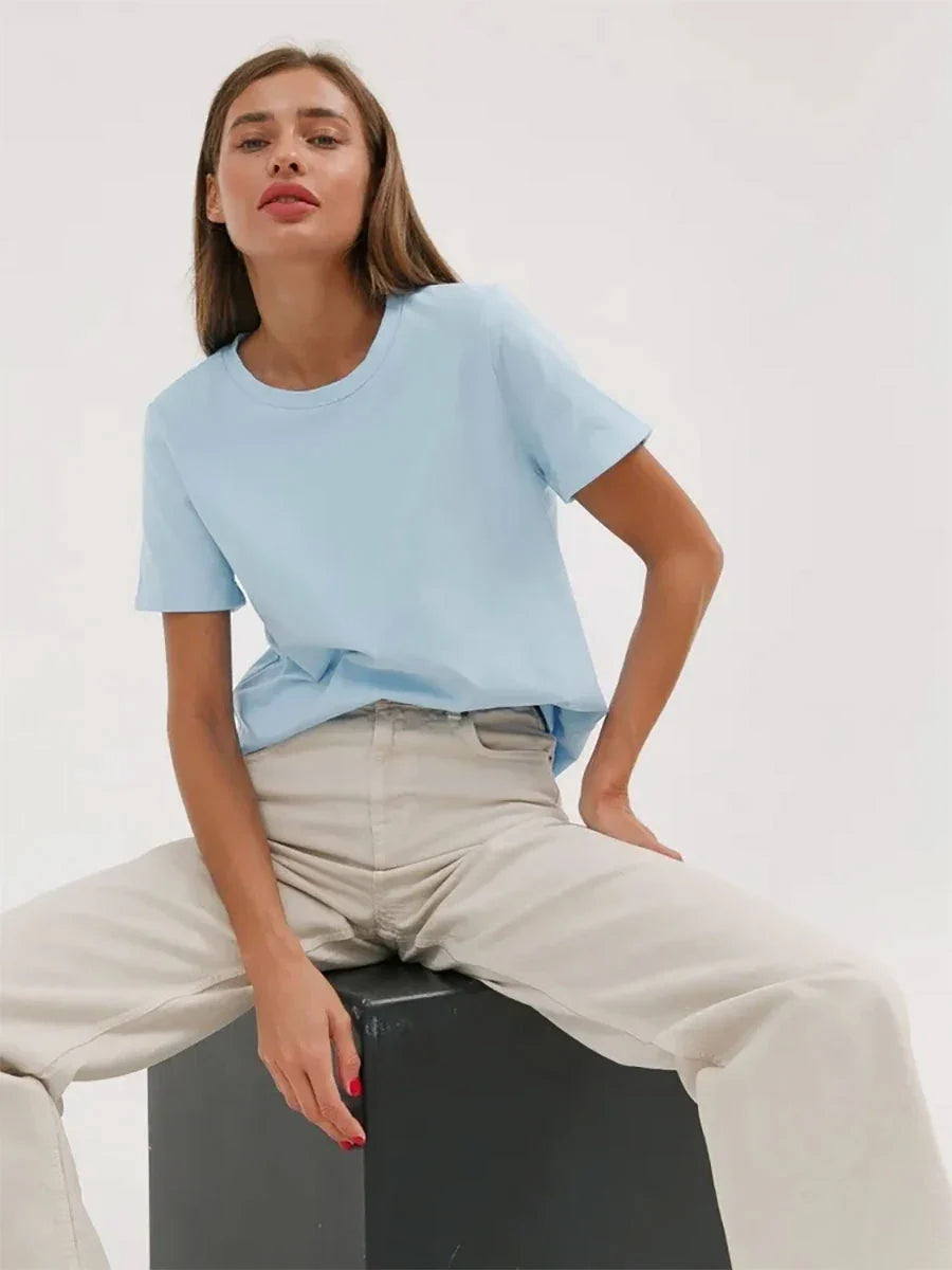 Summer 100% Cotton Women's T-shirt Bottoming Basic Fashionable Solid Lady Short Sleeve Loose Tops Shirts 230g/㎡ Tops
