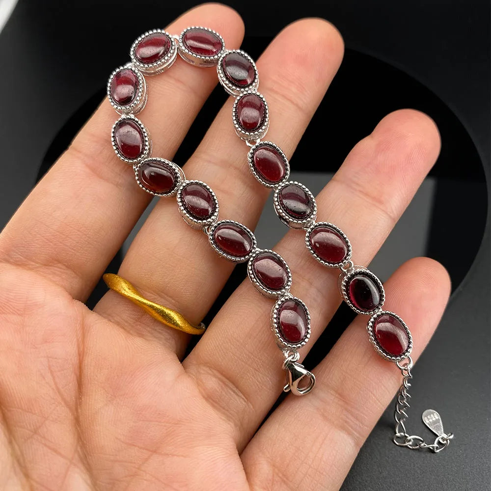 S925 sterling silver bracelet set with 17 natural garnets, simple and elegant women's bracelet jewelry, suitable for daily wear