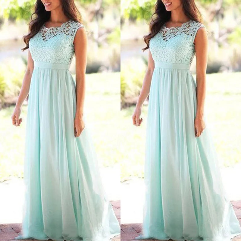 Elegante Vestido de Madrinha Verde Menta com Corpete de Renda Floral e Saia Fluida de Chiffon - Vestido de Gala Sem Mangas para Festa de Casamento