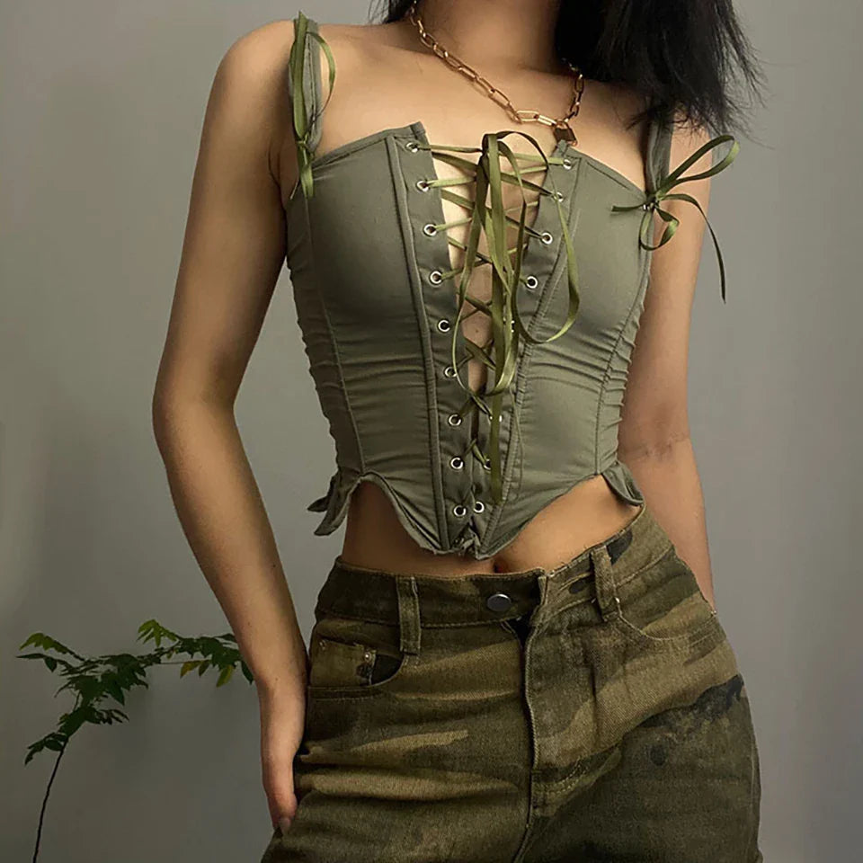 Women's Retro Lace-up Corset Crop Top Sleeveless Spaghetti Straps Bustiers Corsets Medieval Slim Tight Cami Tops Club Outwear