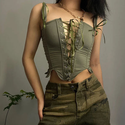 Women's Retro Lace-up Corset Crop Top Sleeveless Spaghetti Straps Bustiers Corsets Medieval Slim Tight Cami Tops Club Outwear