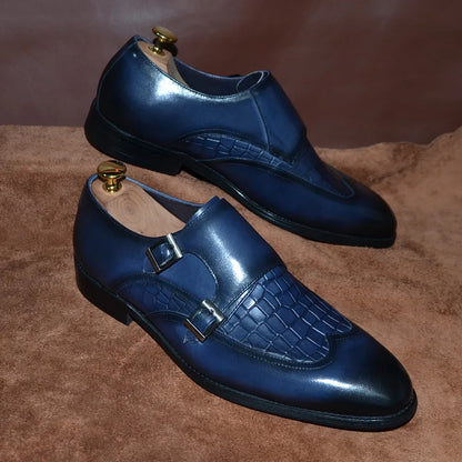 Classic Men's Genuine Leather Dress Shoes Double Buckle Monk Strap Wingtip Crocodile Print Business Office Formal Footwear Man