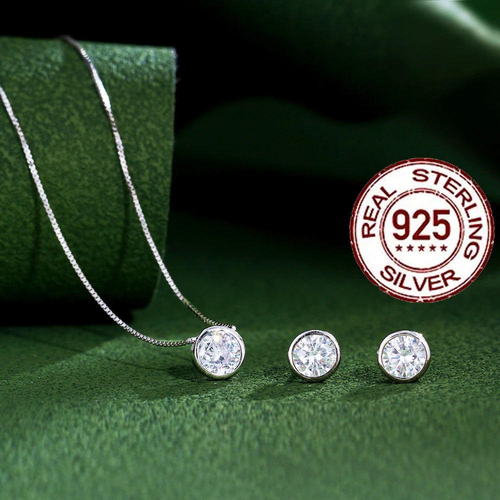 Conjunto de Joias em Prata Esterlina 925 Genuína, Colar Simples com Zircônia Cúbica Redonda Brilhante e Brincos para Mulheres, Casamento ST001