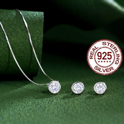 Conjunto de Joias em Prata Esterlina 925 Genuína, Colar Simples com Zircônia Cúbica Redonda Brilhante e Brincos para Mulheres, Casamento ST001