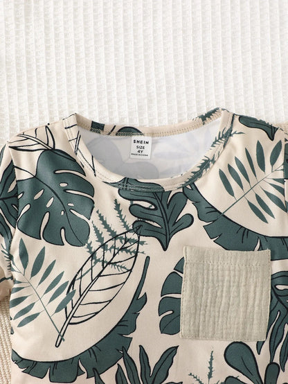 2PCS Kid Boy Clothes Set Short Sleeves Leaf Print Pocket Style T-shirt+Shorts Summer Casual Outfit For Child Boy 4-7 Years