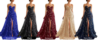 V Neck Luxury Women's Sparkle Starry Tulle Prom Dresses Strapless Slit Formal Evening Party Gowns Formal Dress Women Elegant