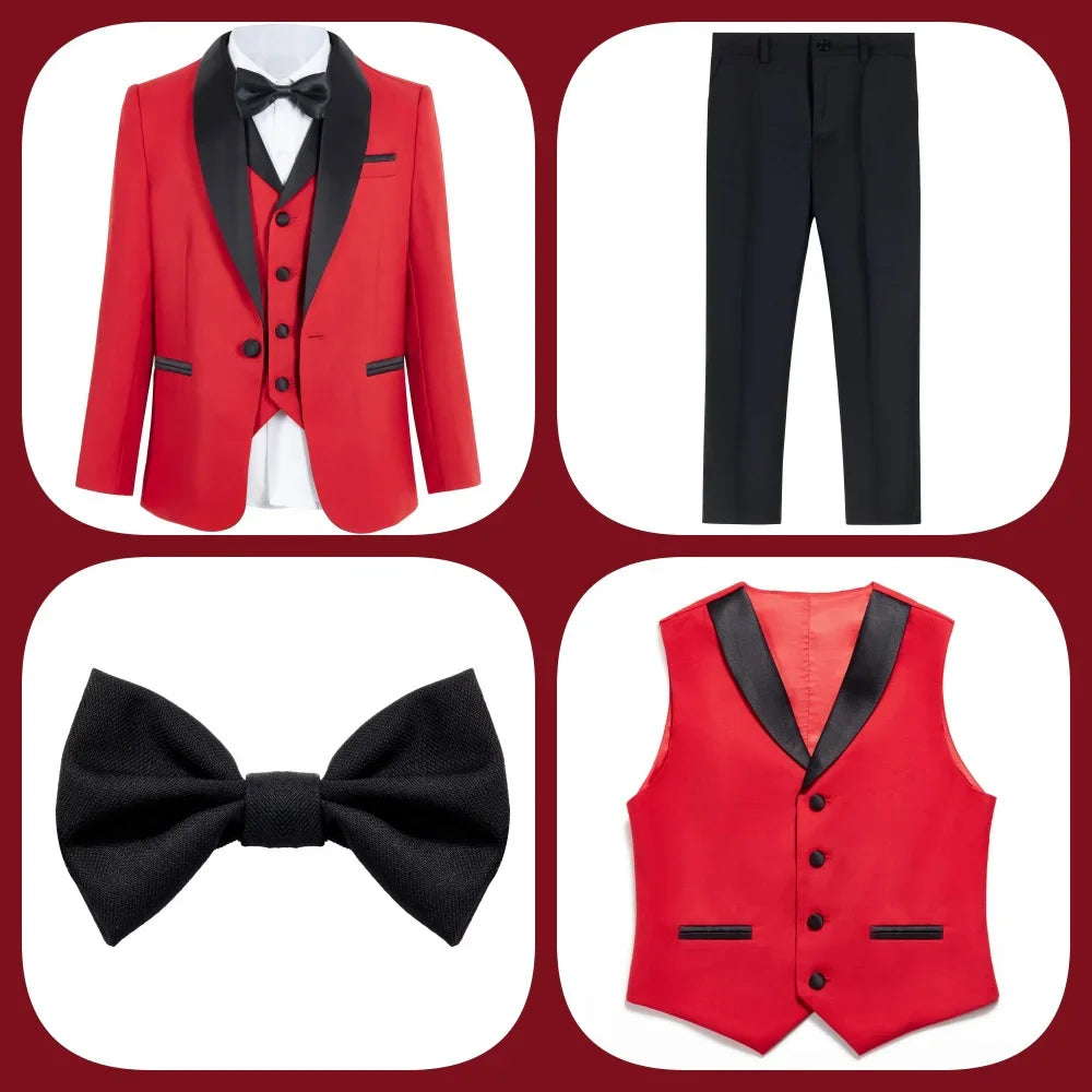 Boys' Formal Red  Black Tuxedo Suit with Black Bow Tie Elegant Flower Boy Outfit Weddings Kids' Formal Events  Special Occasions